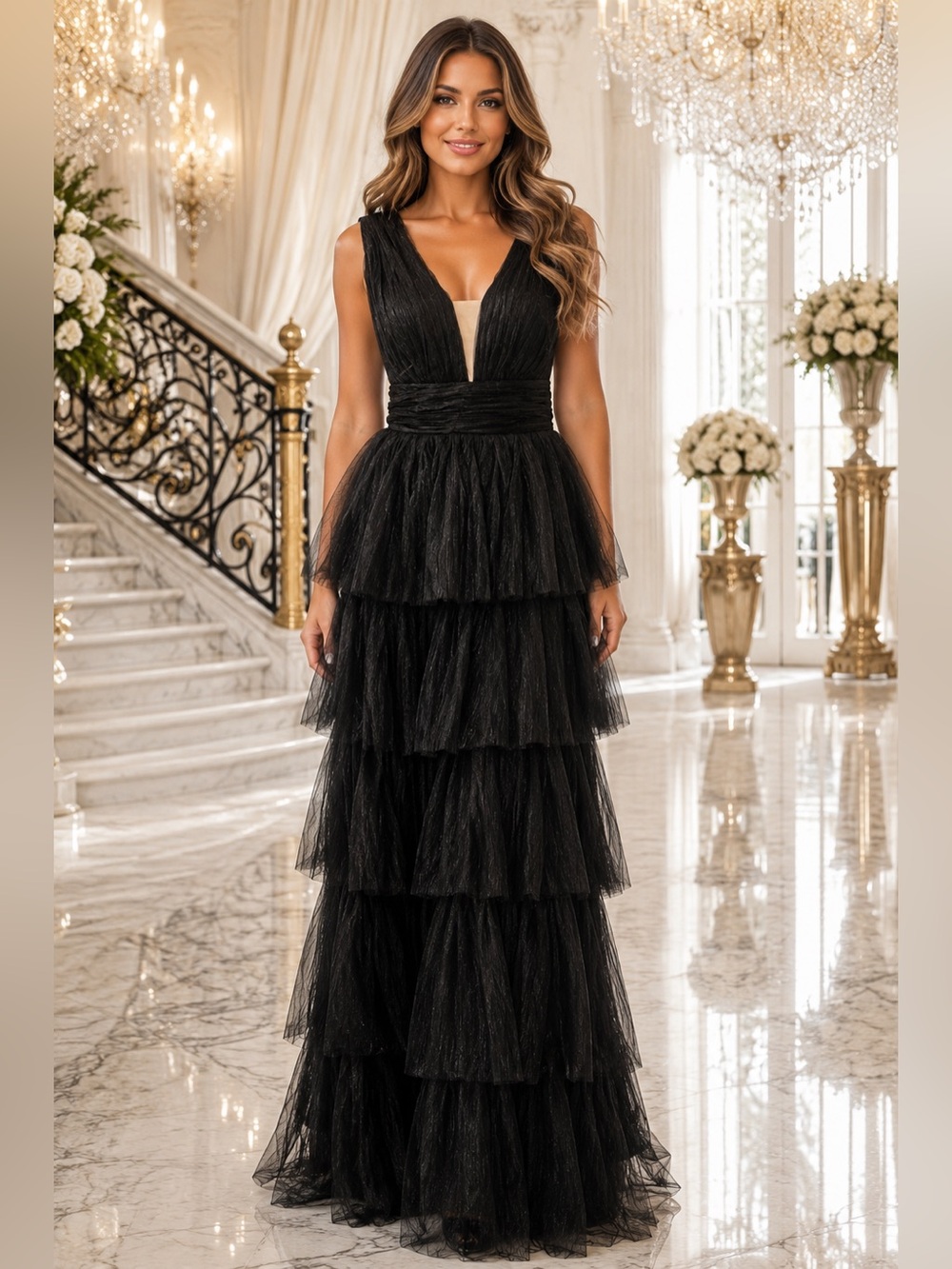 Elegant Black Tiered Tulle Evening Dress